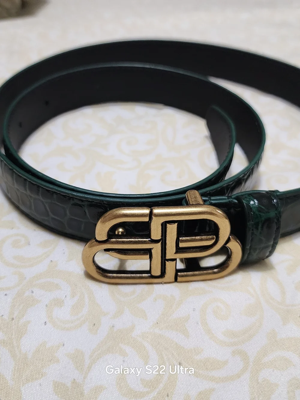 Balenciaga Black Leather Belt with Dark Green Croc-Accent and Gold Buckle
